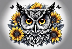 Arm sleeve with an owl and butterfly surrounded by sunflowers tattoo idea
