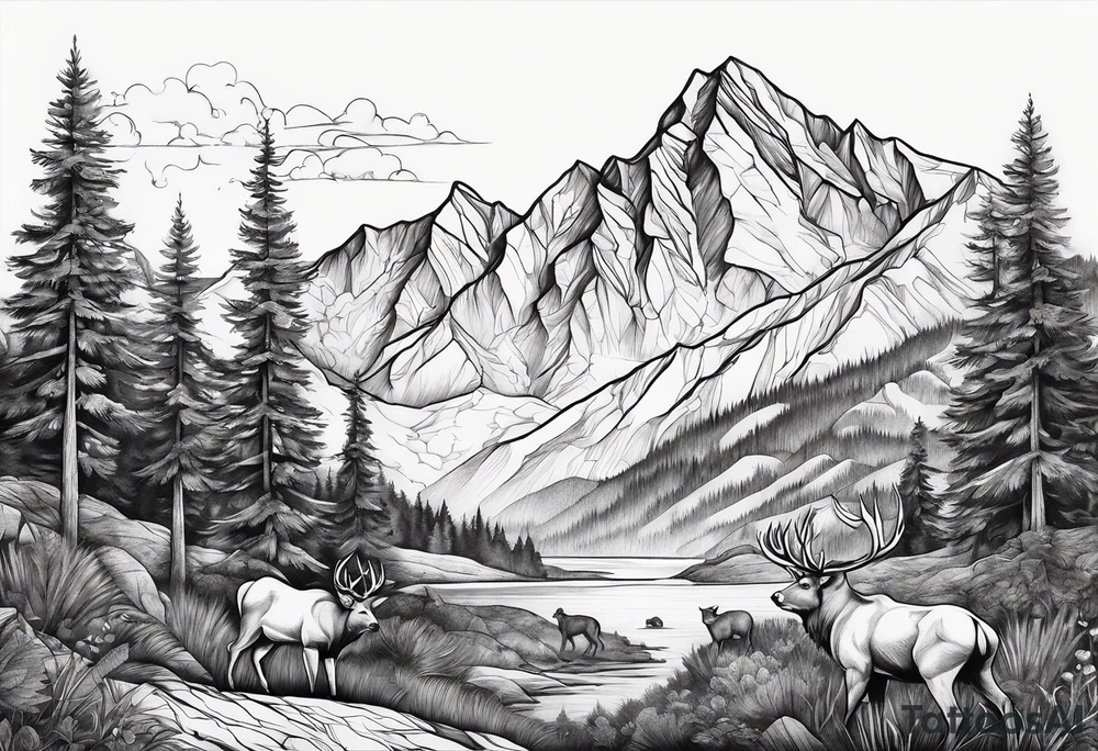 Mountains, animals, concept tattoo idea