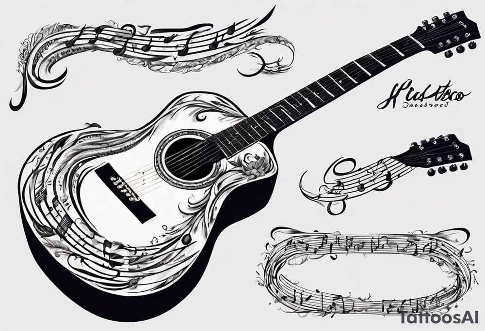 Acoustic Guitar neck with strings made of signatures emerging from skin tattoo idea