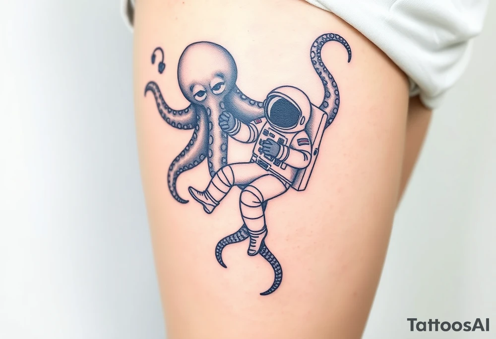 Deep sea kraken octopus, grabbing a astronaut with a space theme background tattoo idea