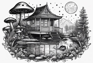 A siren under the stars in a swamp with cypress trees, mushrooms, frogs and bugs. tattoo idea