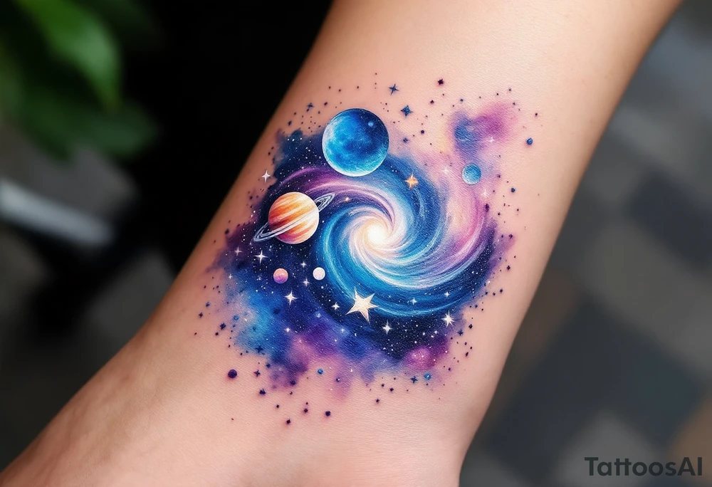 A galaxy scene with stars and planets swirling in deep blue and violet, evoking cosmic freedom. tattoo idea