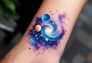 A galaxy scene with stars and planets swirling in deep blue and violet, evoking cosmic freedom. tattoo idea