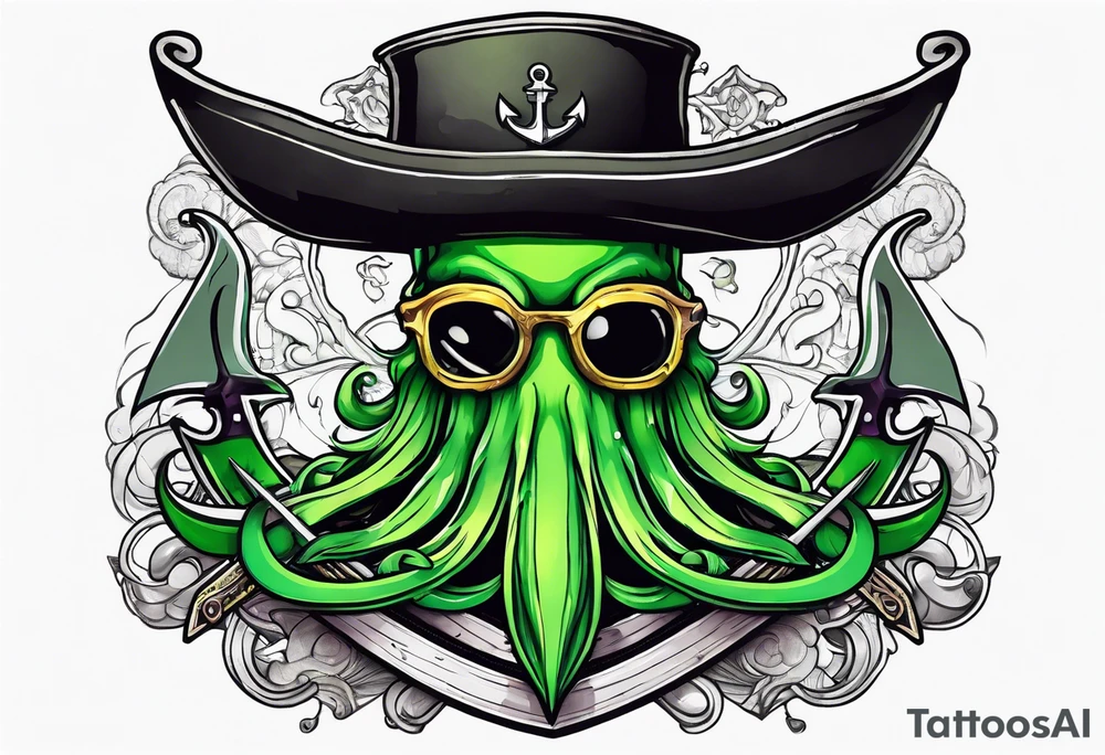 green pirate squid with eyepatch holding sword and anchor tattoo idea
