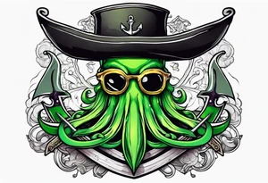 green pirate squid with eyepatch holding sword and anchor tattoo idea