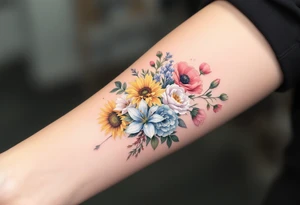 Small watercolour style bunch of wild flowers including lillium orientalis, sunflowers, poppies and peonies to be placed on forearm. Use the watercolour style with no outline on the florals. tattoo idea