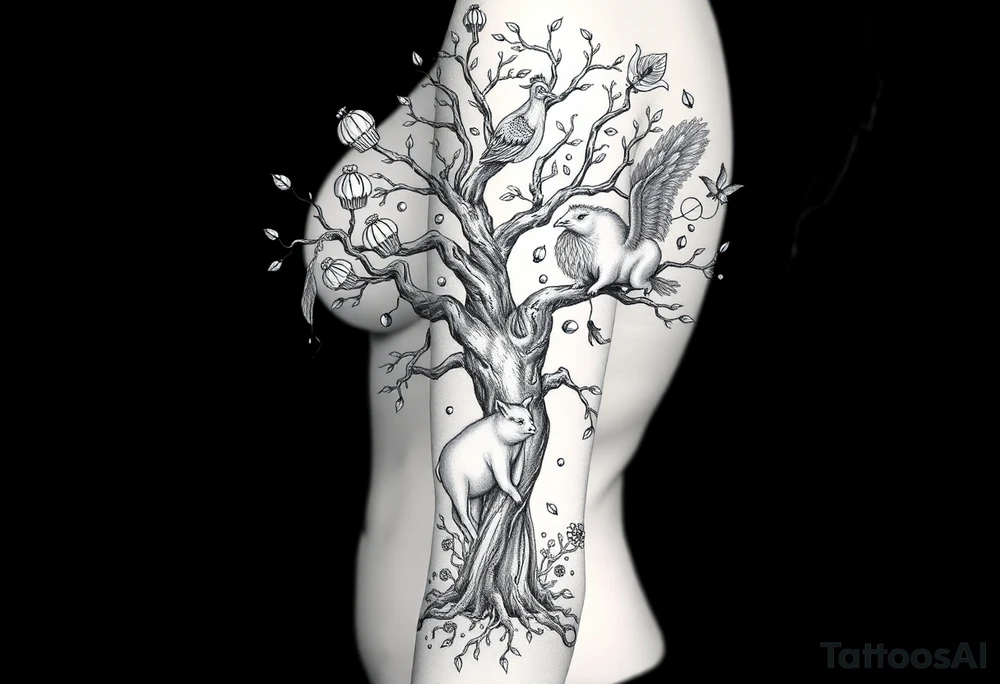 mystical tree  with cosmic  branches fat naked sexy woman , peacock , pig , cupcakes, liquor, cigerette, Storm clouds, pig, peacock , fat sexy naked fat woman, cupcakes, noose , money, goat lion, couple having sex toys pussy dicks, cigerette storm lightening, killing, darkness death, violent majestic creatures and fat naked girl tattoo idea