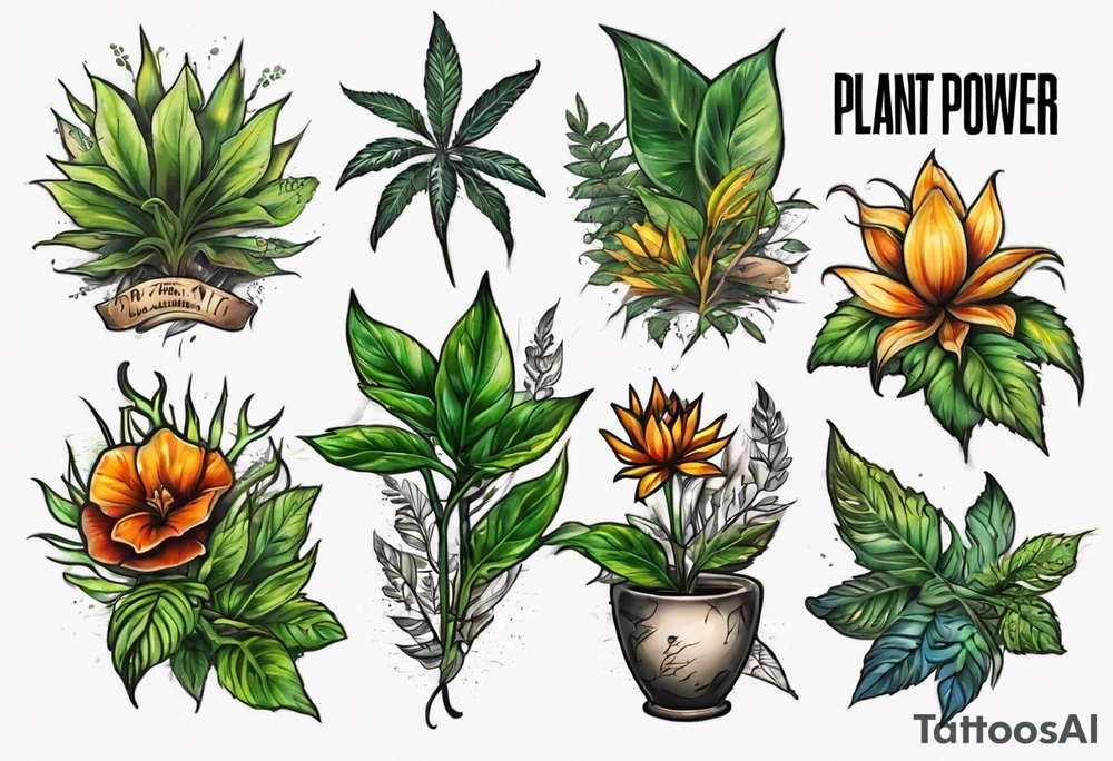 Words “Plant Power” with plants tattoo idea