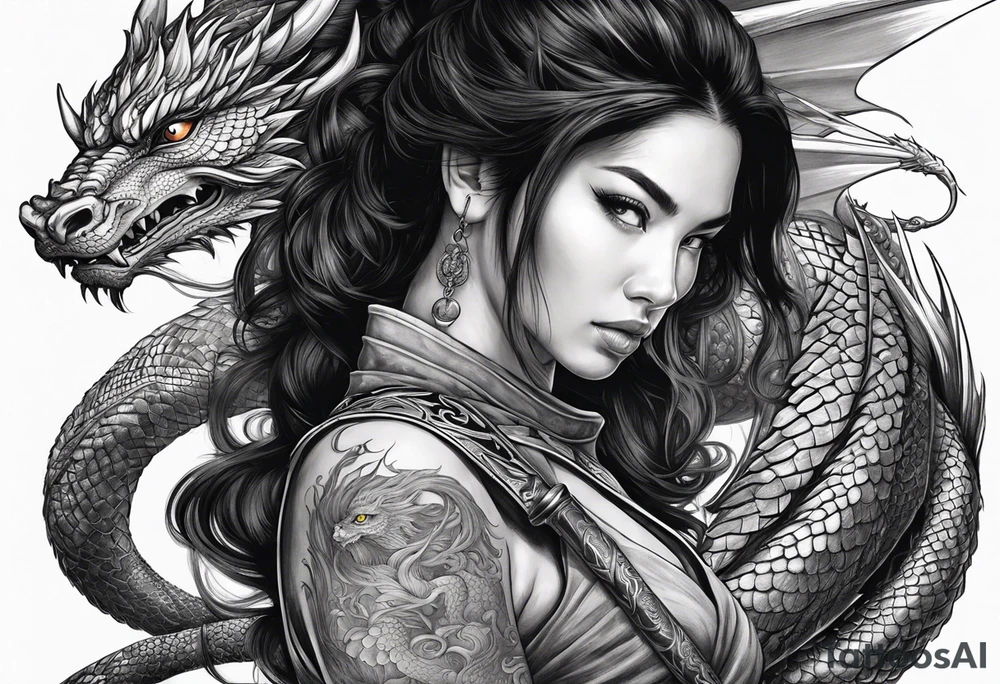 Women holding a sword powerful Beauty black hair flawlessly a dragon behind her fiercely protection tattoo idea