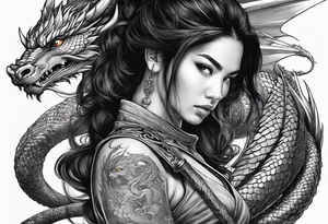 Women holding a sword powerful Beauty black hair flawlessly a dragon behind her fiercely protection tattoo idea