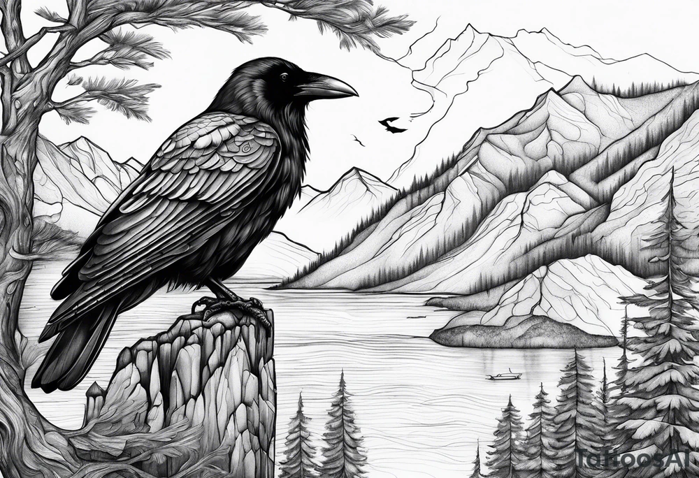raven in fjord with trees tattoo idea