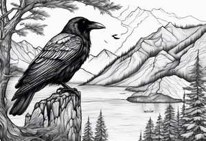 raven in fjord with trees tattoo idea