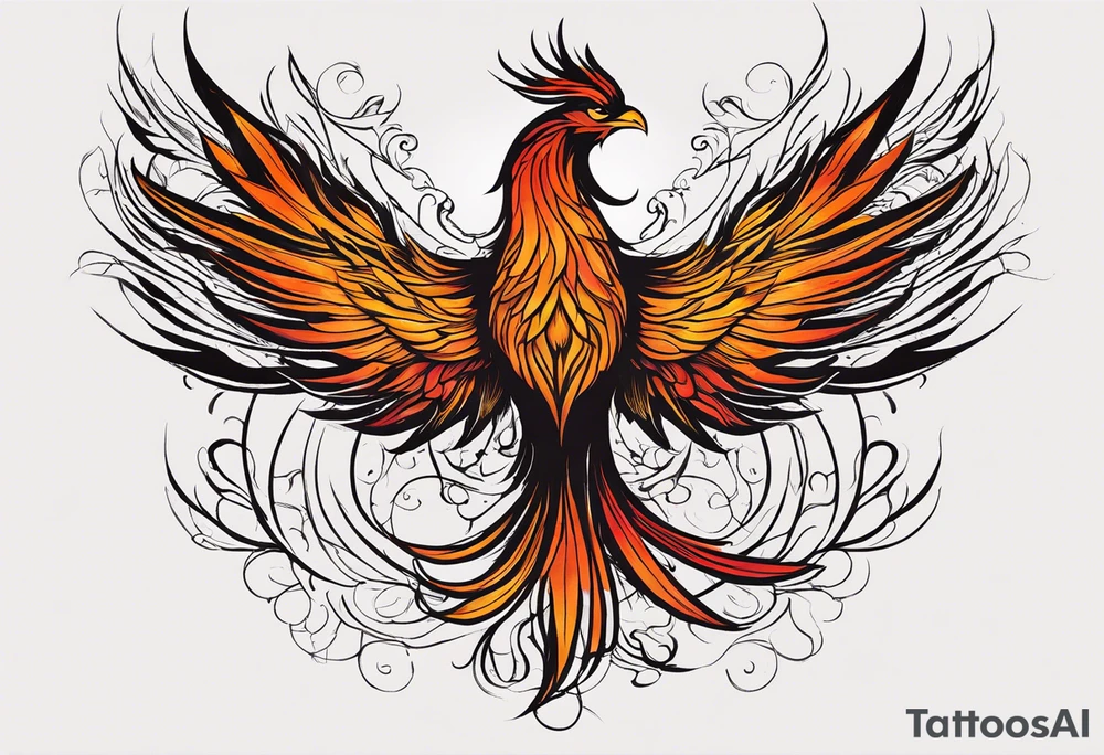 A majestic fire phoenix, rising powerfully with its wings spread wide and feathers flowing, representing rebirth and resilience. The phoenix is detailed with intricate feathers, creating a sense of movement and vitality. The design is bold, with deep shading and texture that adds dimension and intensity to its form. tattoo idea