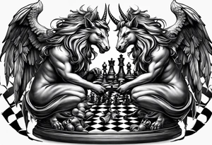 a chessboard with angelic and demonic chess pieces engaged in a strategic game, symbolizing the eternal battle between opposing forces. tattoo idea