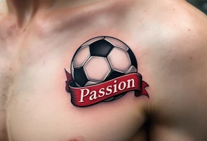 A classic black and white soccer ball tattoo wrapped in a red banner with the word “Passion.” tattoo idea