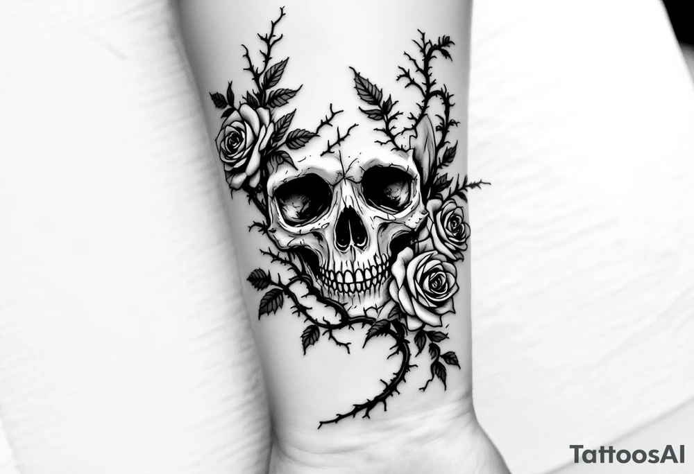 gothic skull intertwined with climbing roses and thorny vines tattoo idea
