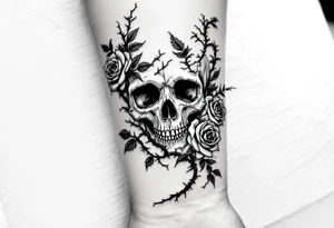 gothic skull intertwined with climbing roses and thorny vines tattoo idea