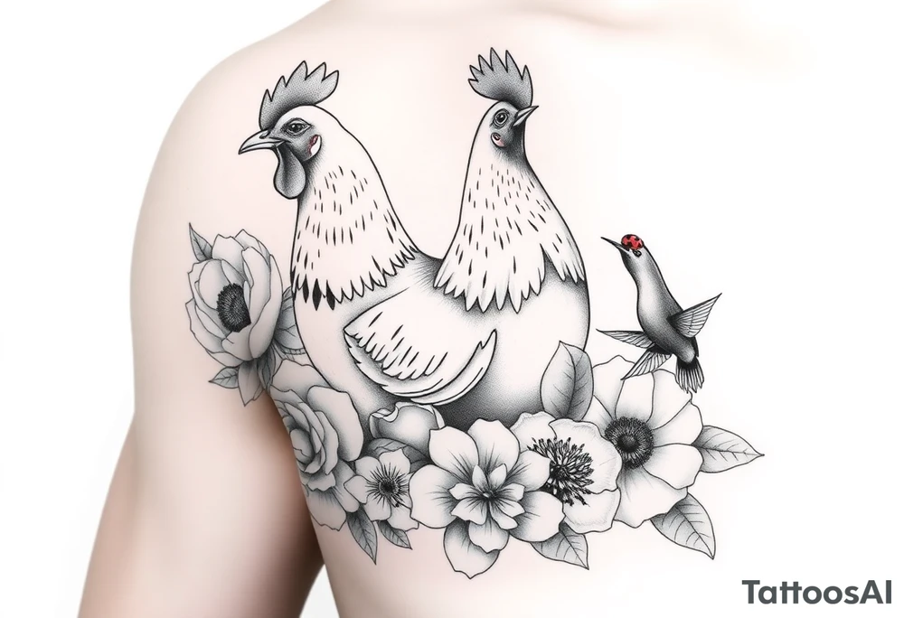 A chicken surrounded by peony , roses and hydrangeas with ladybug on flowers petal with hummingbird tattoo idea