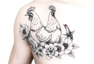 A chicken surrounded by peony , roses and hydrangeas with ladybug on flowers petal with hummingbird tattoo idea