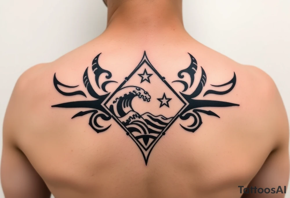A sharp edged powerful wave with 2 stars inside of a elongated diamond tattoo idea