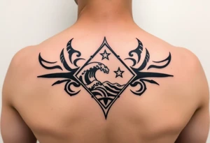A sharp edged powerful wave with 2 stars inside of a elongated diamond tattoo idea