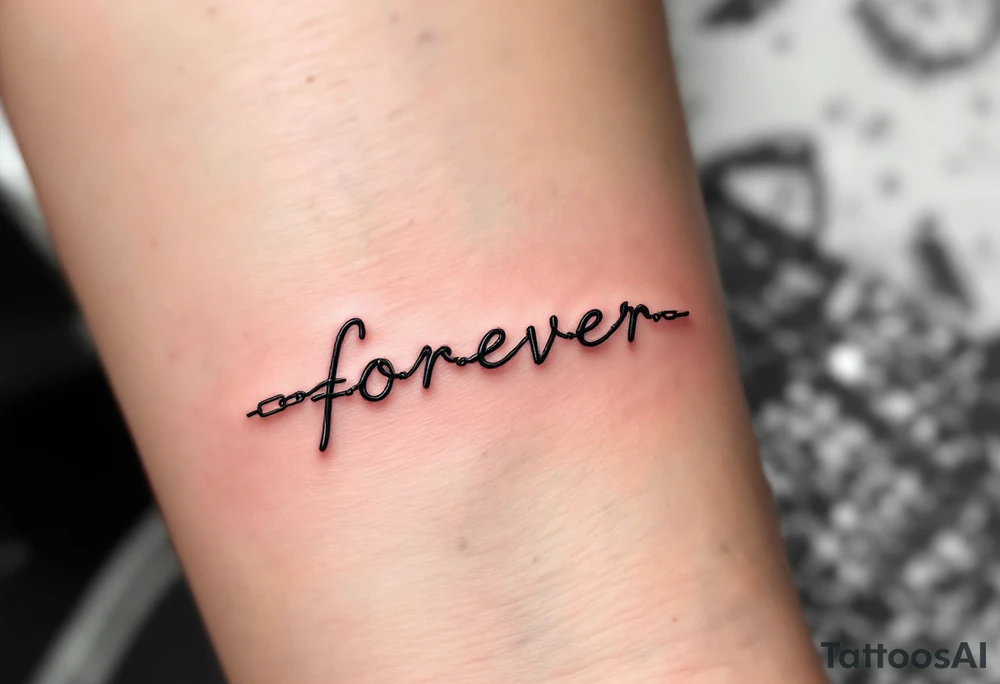 A delicate chain spelling "forever" in soft gray, with a tiny broken link near the end. tattoo idea