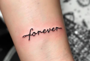A delicate chain spelling "forever" in soft gray, with a tiny broken link near the end. tattoo idea