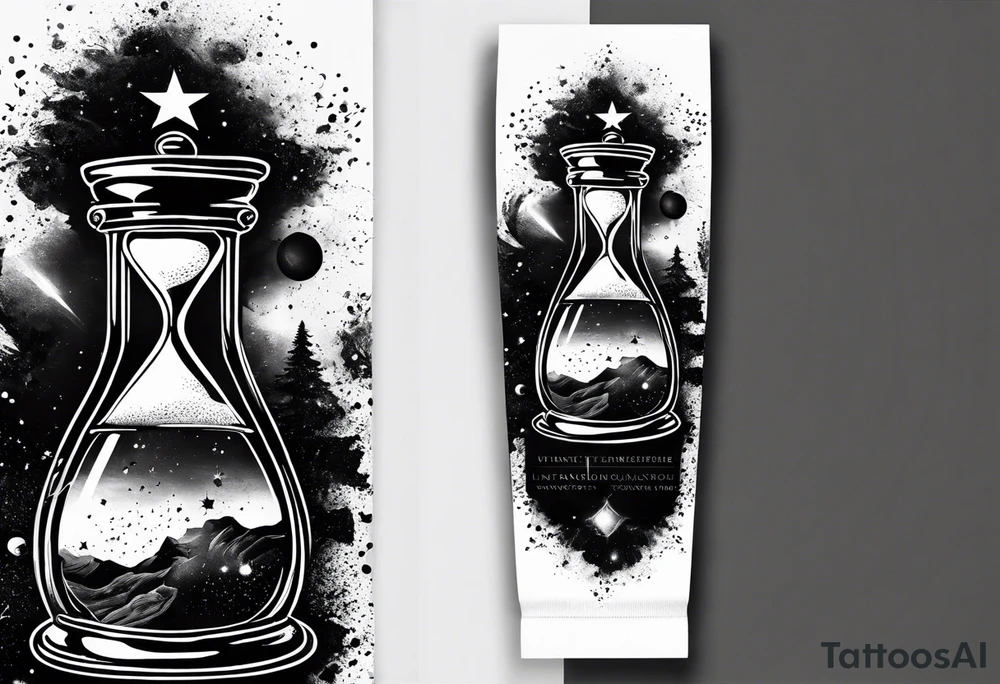 Hour glass with star stuff and cosmic dust exploding from each side. Long tattoo to fit on the forearm tattoo idea