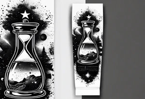 Hour glass with star stuff and cosmic dust exploding from each side. Long tattoo to fit on the forearm tattoo idea