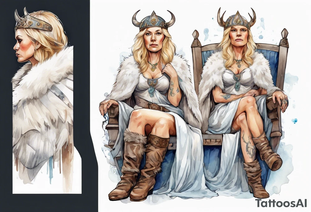 a 45-year-old Viking queen with blonde hair wearing a white fur cloak sitting on a throne with a dove on her shoulder tattoo idea