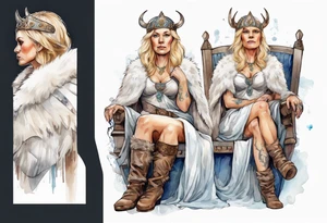 a 45-year-old Viking queen with blonde hair wearing a white fur cloak sitting on a throne with a dove on her shoulder tattoo idea