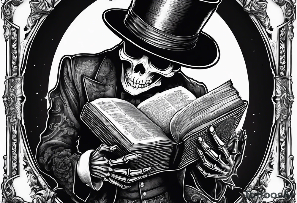 skeleton wearing a top hat holding a holy bible tattoo idea