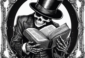 skeleton wearing a top hat holding a holy bible tattoo idea