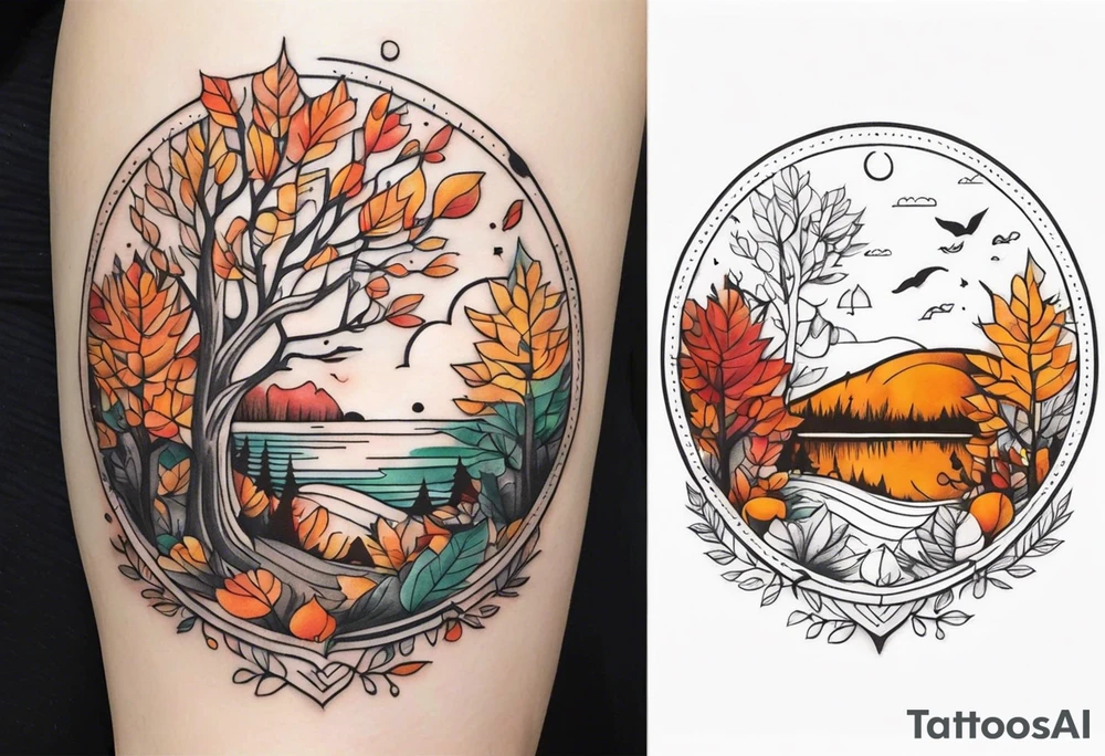 thigh tattoo with fall colors and nature theme tattoo idea