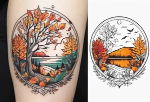 thigh tattoo with fall colors and nature theme tattoo idea