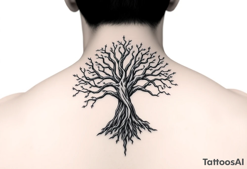 mystical tree of life with cosmic roots and celestial branches tattoo idea