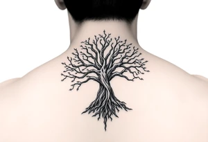 mystical tree of life with cosmic roots and celestial branches tattoo idea