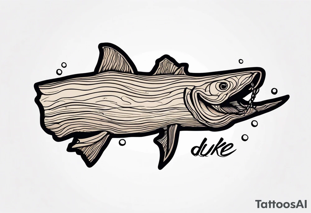 piece of driftwood underwater with duke written in the wood tattoo idea