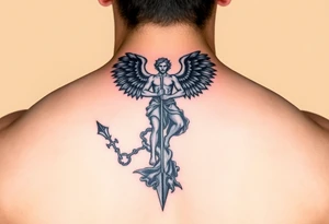 Silhouette of archangel Michael standing over Lucifer with a spear to his throat tattoo idea