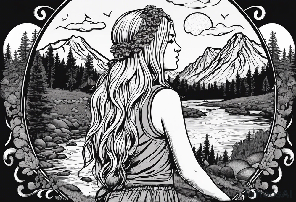 Whole picture encircled fully

Straight long blonde hair hippie girl in distance holding mushrooms in hand facing away toward mountains and creek surrounded by mushrooms tee shirt and hiking pants; whole rendering within a full circle, no cut off circle tattoo idea