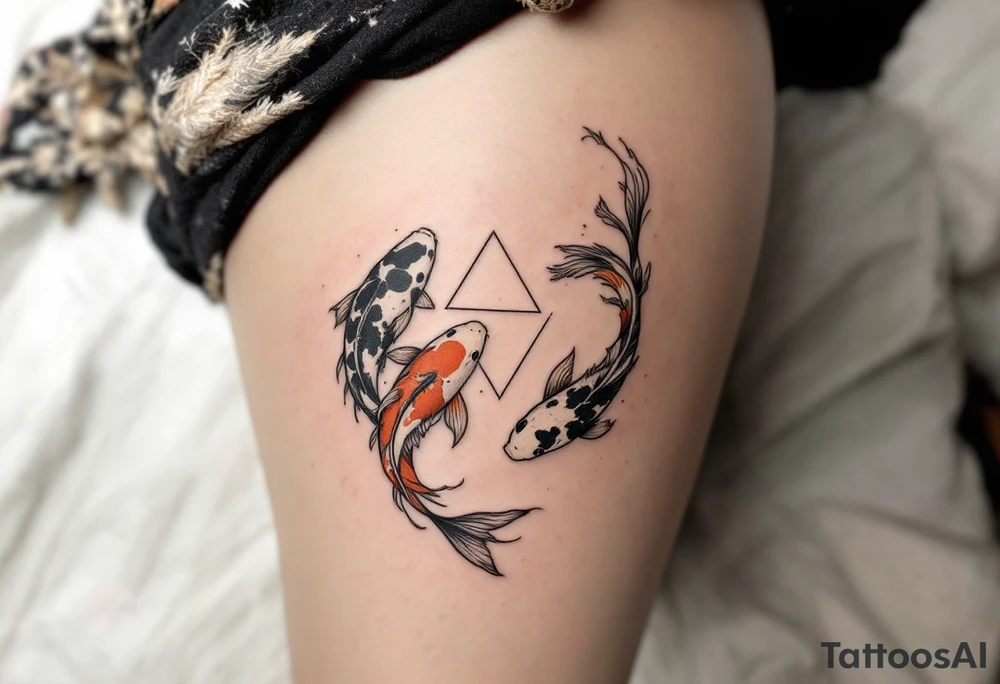 A triangle formed by three koi fish in orange, black, and white, swirling in harmony. tattoo idea