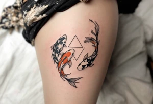 A triangle formed by three koi fish in orange, black, and white, swirling in harmony. tattoo idea
