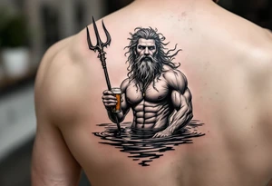 young, fit poseidon in calm water, holding a trident, drinking a beer, with foot on his bicep tattoo idea