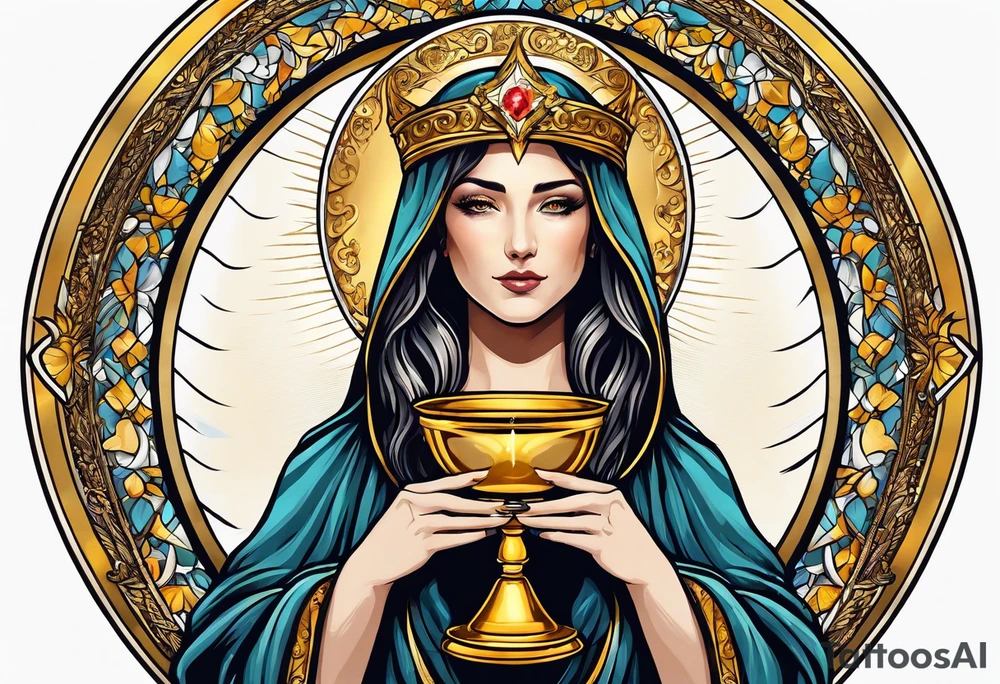 holy saint woman with golden halo holding a chalice tattoo idea