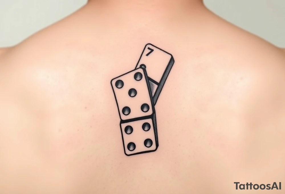 Three domino tiles falling onto each other, showing the pips 8, 7, and 6. On the last tile at the bottom, the top half should show the pips 6, and the other half should display the initials JH.” tattoo idea