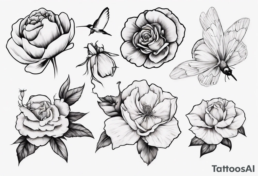 A sketch that goes down an arm of four flowers , Paperwhites flower, Peony flower, Cosmos Flower, Rose Flower, a hummingbird sucking on the rose flower and two butterflies flying. tattoo idea