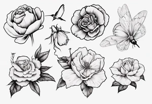 A sketch that goes down an arm of four flowers , Paperwhites flower, Peony flower, Cosmos Flower, Rose Flower, a hummingbird sucking on the rose flower and two butterflies flying. tattoo idea