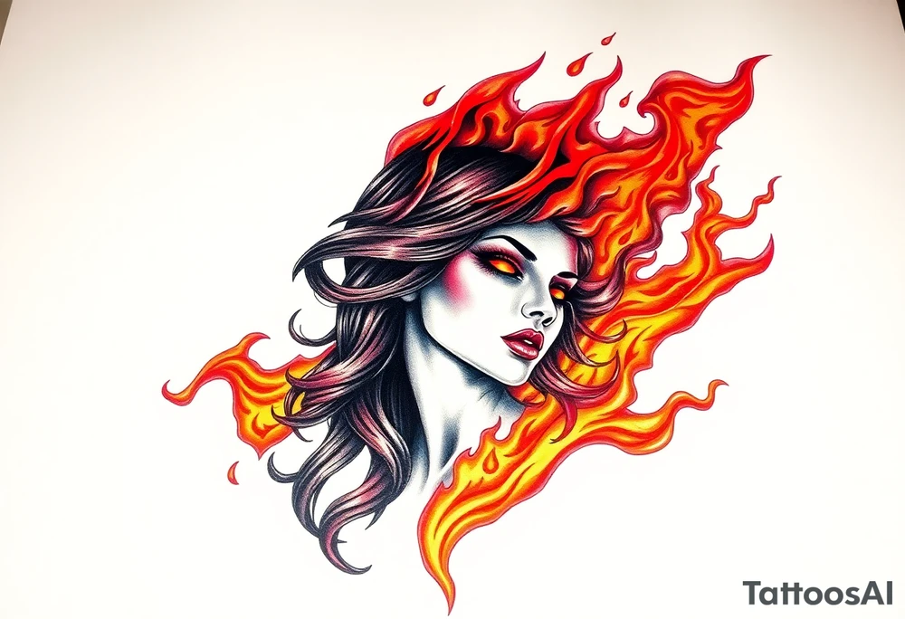 Evil young woman in the flame tattoo idea