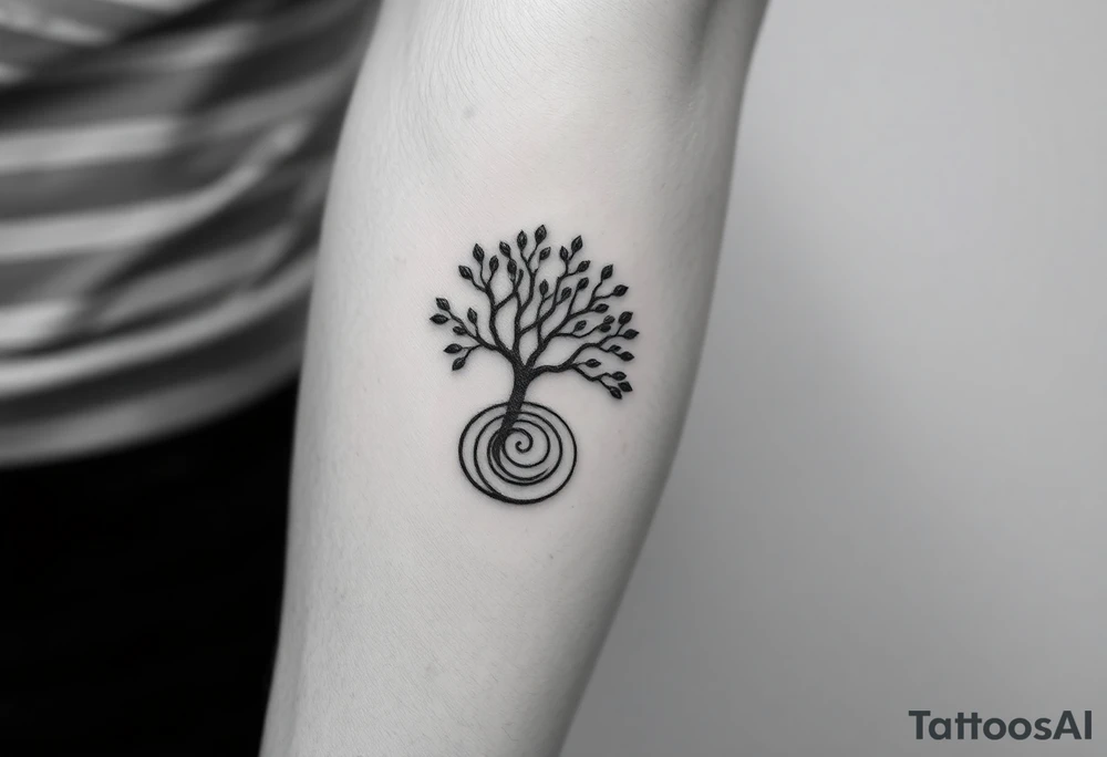 Tree with few leaves, with a SPIRAL line starting from the left side of tree and spiraling outward in a clockwise direction tattoo idea
