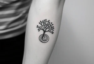 Tree with few leaves, with a SPIRAL line starting from the left side of tree and spiraling outward in a clockwise direction tattoo idea
